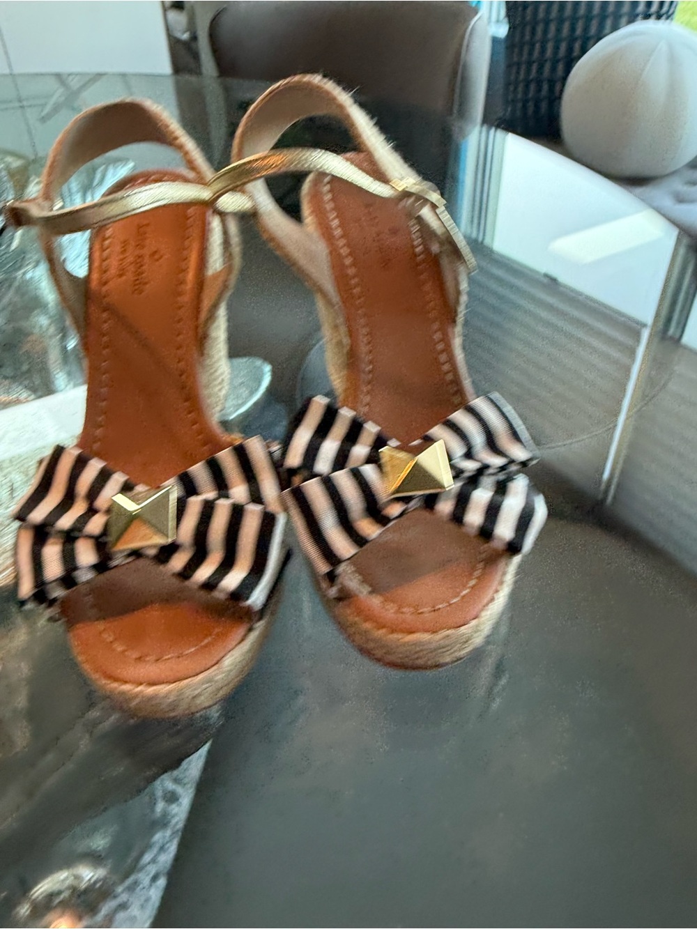 kate spade Black & White Striped Bow Espadrille Wedge Sandals with Gold Studs